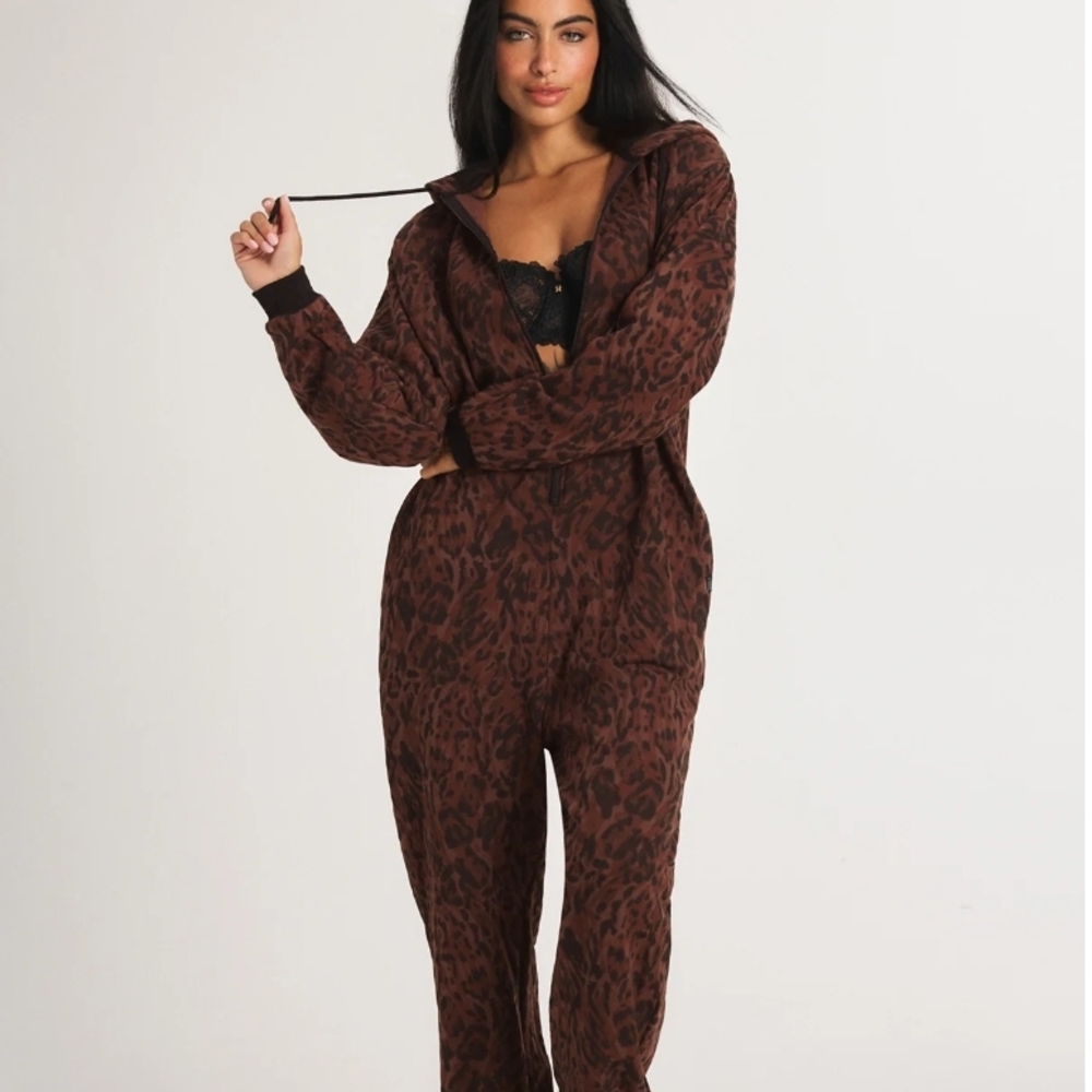 Forever Savage Brown Leopard Hooded Onesie Cedar Brown Leopard Rain Print